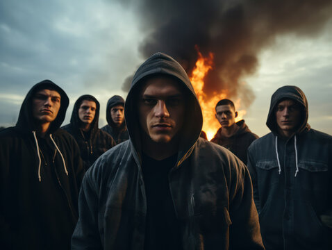 Group of rebels wearing black hoodies creating riots against the backdrop of a fire