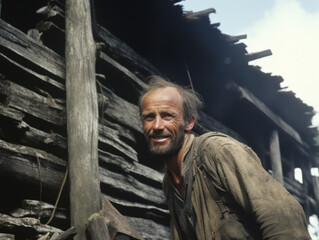 Old soviet man repairing wooden house, house in underdeveloped village