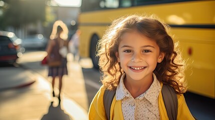Smiling elementary student girl smiling and ready to board school bus. Back to school banner - obrazy, fototapety, plakaty
