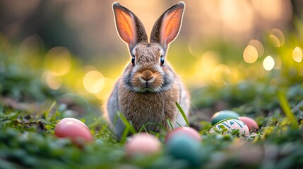 Fototapeta na wymiar Easter Bunny and Easter Eggs - AI Generated