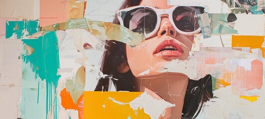 Contemporary collage art with a woman in sunglasses, overlaid with vibrant, torn newspaper and paper fragments. Ideal for modern pop art themes.
