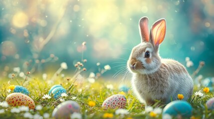 Fototapeta na wymiar Colorful Easter Bunny Illustration with Space to Write - AI Generated