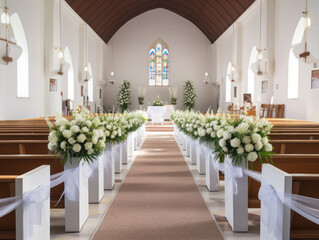 wedding decorations in the church with flower bouquets