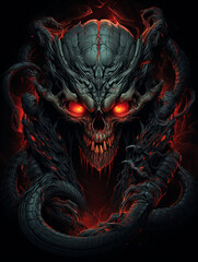 a design showcasing a threatening serpent wrapped around an aged skull with luminescent red eyes сreated with Generative Ai