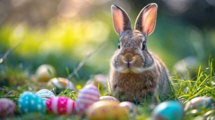 Fototapeta na wymiar Easter Bunny with Colorful Eggs - AI Generated