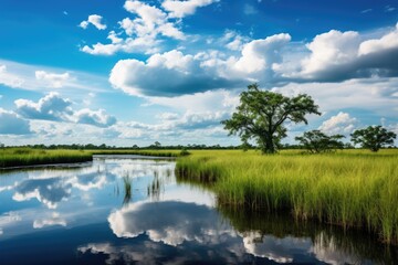 Fototapeta premium Florida Wetland, a Captivating Beauty of Everglades with Lush Green Forest, Blue Sky and Charming
