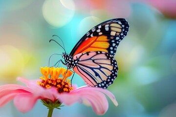 Fototapeta premium A beautiful butterfly sitting on top of a pink flower. Perfect for nature and garden-related projects