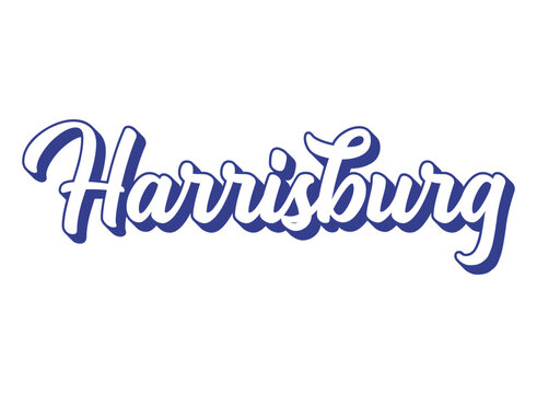 Handwritten word Harrisburg. Name of State capital of Pennsylvania . 3D vintage, retro lettering for poster, sticker, flyer, header, card, clothing