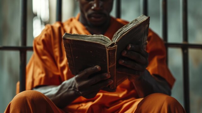 A man sitting in a jail cell engrossed in a book. Suitable for depicting incarceration, solitude, or the pursuit of knowledge in confined spaces