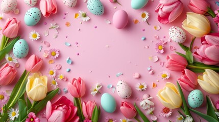 Colorful Easter Eggs, Tulips, and Bunnies Flat Lay Banner - AI Generated