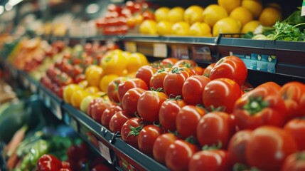 A bustling section of a grocery store filled with a variety of fresh vegetables. Perfect for illustrating healthy eating, grocery shopping, or the farm-to-table concept - obrazy, fototapety, plakaty