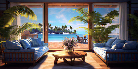 pool at the beach, Beach luxury resort hotel room, Background view of the beach and sea, inside the window with a beautiful view, Generative AI