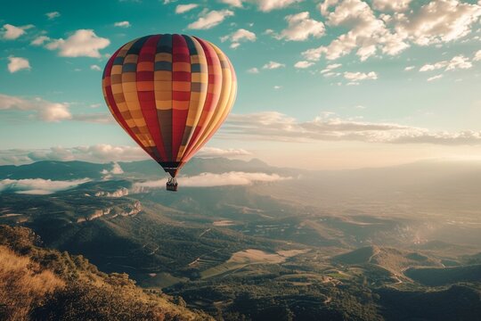 beautiful inspirational landscape with hot air balloon flying in the sky, travel destination