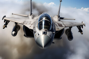 Fototapeta premium Modern stealth fighter plane. Flight in formation, flyby and landing, take off bombing, dog fight, firing missile.