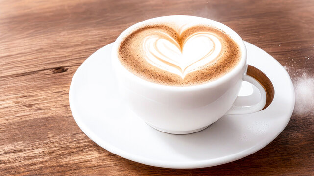 Cup of Coffee on a wooden background, with Copy Space. Hot coffee drink, foam in the shape of a heart
