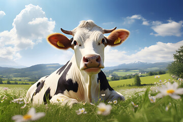 An idyllic meadow view with a beautiful cow enjoying the fresh grass on a sunny day. -   Generative AI,