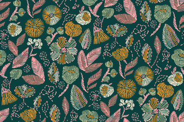 Floral blooming romantic feminine seamless pattern with imitation of satin stitch embroidery.