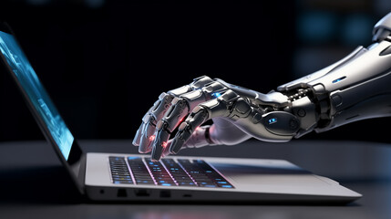 Robotic cyborg hand pressing a keyboard on a laptop