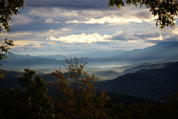 Autumn Glow on Smoky Mountains Misty Peaks - Serene Landscape View