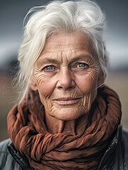 Alte Frau mit grauen Haaren und faltiger Haut, Portrait, Blick in die Kamera Generative AI