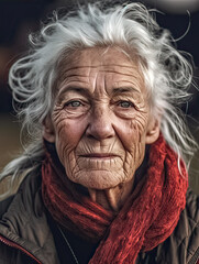 Alte Frau mit grauen Haaren und faltiger Haut, Portrait, Blick in die Kamera Generative AI