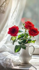 Obraz premium Morning Serenity with Red Roses on Pristine White
