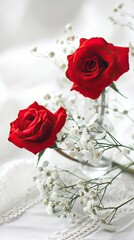 Morning Serenity with Red Roses on Pristine White