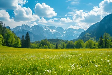 beautiful rural landscape in Bavaria with mountain range and meadow at springtime