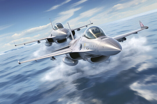 Modern stealth fighter plane. Flight in formation, flyby and landing, take off bombing, dog fight, firing missile.