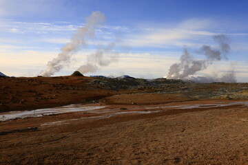 Hverarönd is a hydrothermal site in Iceland with hot springs, fumaroles, mud ponds and very active solfatares. It is located in the north of Iceland