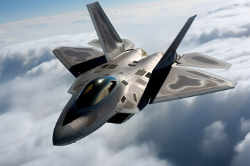 Modern stealth fighter plane. Flight in formation, flyby and landing, take off bombing, dog fight, firing missile.