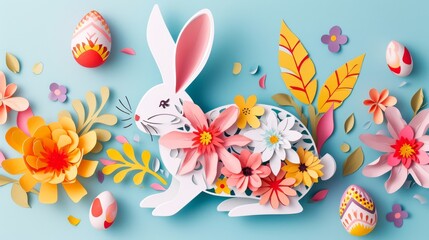 Easter Bunny Among Flowers and Eggs