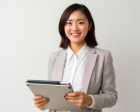 asian Business woman In Blazer Against Gray Background, generative ai