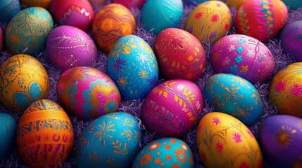 Fototapeta na wymiar Colorful Easter Egg Decorations on HD Illustration Background - AI Generated
