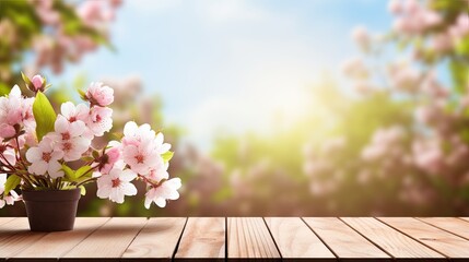Spring hardwood flooring background with Empty wooden table. Banner background with copy space