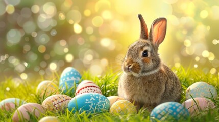Fototapeta na wymiar Colorful Easter Background with Eggs and Rabbit - AI Generated