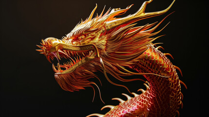 Intricate Golden Dragon Sculpture Poised in Profile Against a Dark Background