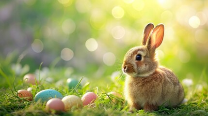 Fototapeta na wymiar Easter Bunny with Colored Eggs - AI Generated