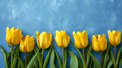 Row of Vibrant Yellow Tulips Against Blue Background