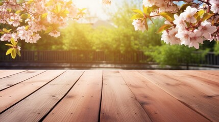 Naklejka na ściany i meble Spring hardwood flooring background with Empty wooden table. Banner background with copy space