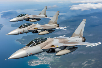 Modern stealth fighter plane. Flight in formation, flyby and landing, take off bombing, dog fight, firing missile.