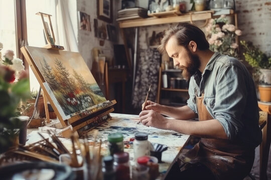 Concentrated painter creates colorful picture