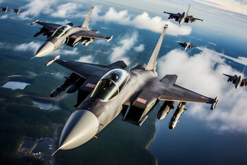 Modern stealth fighter plane. Flight in formation, flyby and landing, take off bombing, dog fight, firing missile.