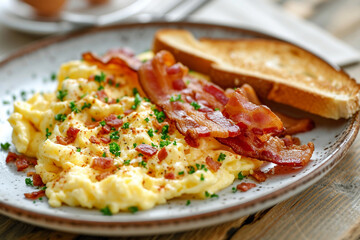 Scrambled eggs bacon and toast on the side, - obrazy, fototapety, plakaty