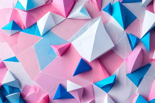 White, Blue and Pink Polygonal Surface with Triangular Pyramids. Modern, Bright 3d Banner
