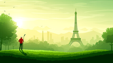 simple line art minimalist collage illustration with a professional hockey player with a stick and puck practicing on the grass and Eiffel Tower in the background, olympic games, wide lens - obrazy, fototapety, plakaty