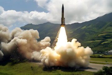 The rocket takes off into the sky behind clouds, gas jets from a jet engine.