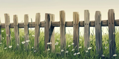 Obraz premium A painting of a wooden fence surrounded by grass and flowers. Ideal for nature-themed designs or as a background for eco-friendly concepts