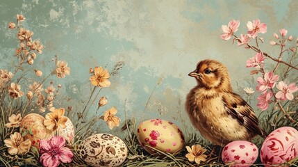 Nostalgic Background with Vintage Easter Illustrations - AI Generated - obrazy, fototapety, plakaty