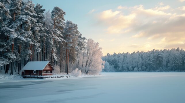 A small cabin is situated in the center of a frozen lake. This image can be used to depict a serene winter landscape or a cozy retreat in the midst of nature